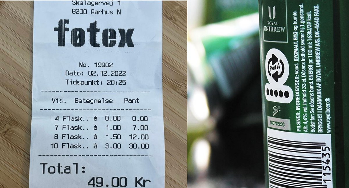 Receipt from Føtex and a pant sign on a can