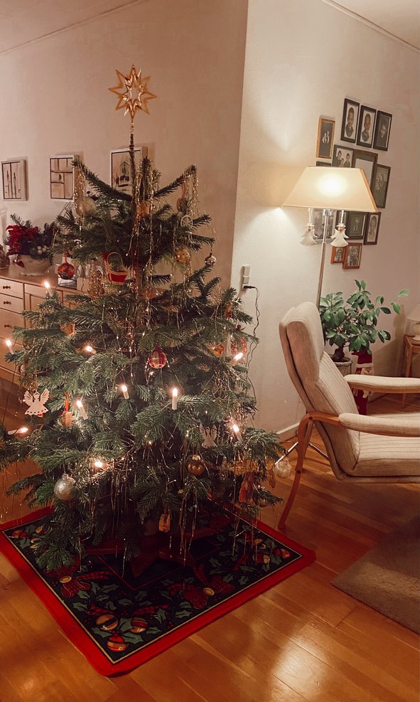 A decorated Christmas tree standing in a living room